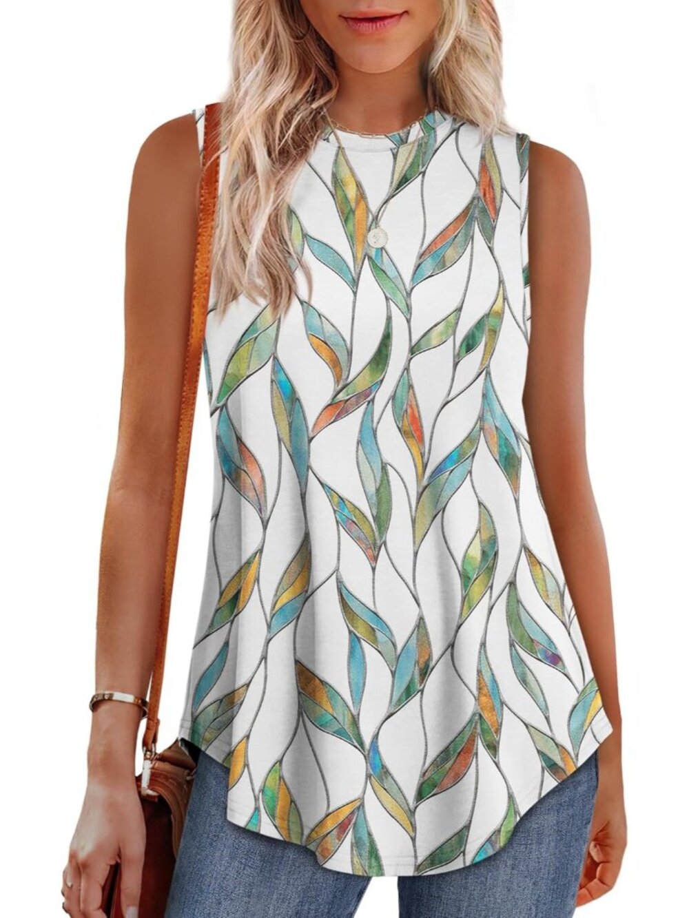 Women's Pattern Colorful High Neck Tank Loose Sleeveless Wear Summer Tunic Top